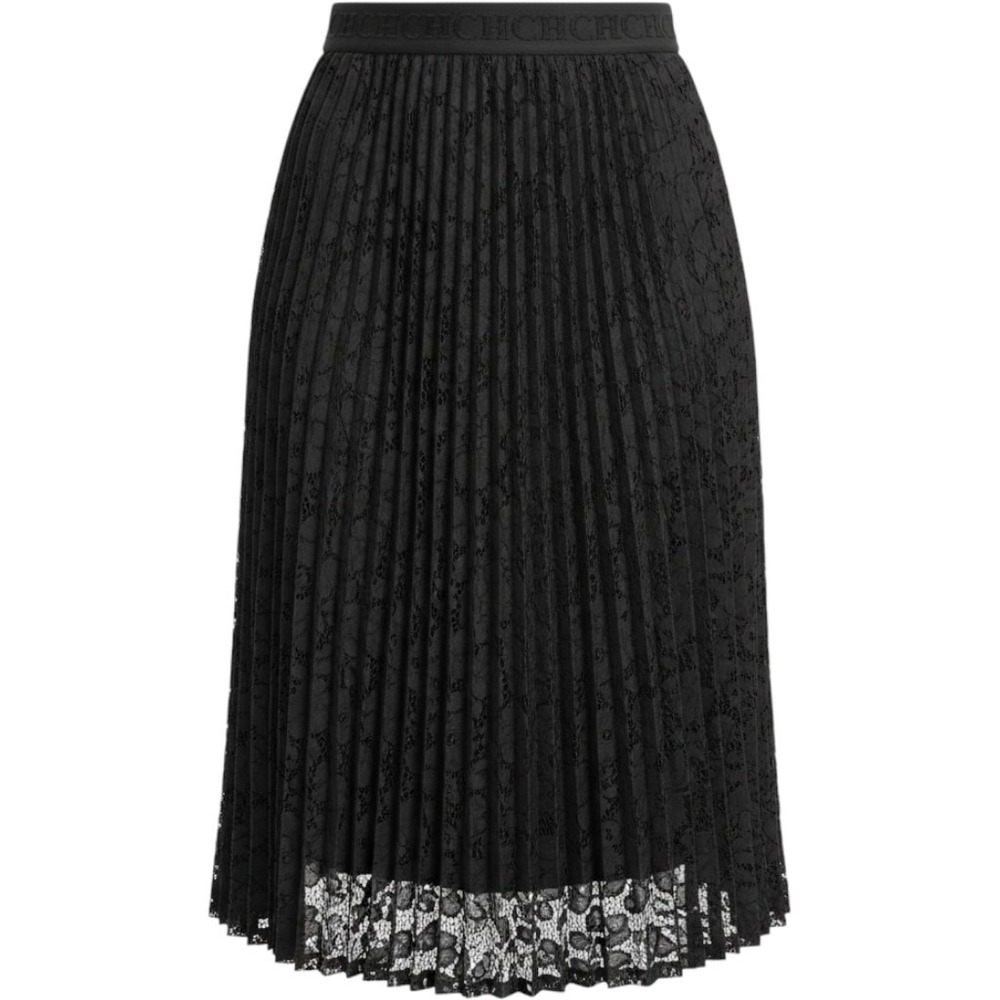 CH Carolina Herrera Black Pleated Floral Lace Midi Skirt Logo Waistband Large
